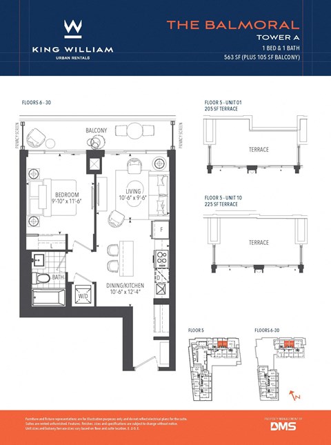 Floor plan for 1 bed, 1 bath, 604 sqft